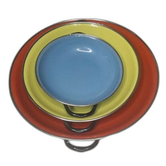 Vintage Enamelware Saute 3 Paella Nestling Pan Set Red Blue Yellow Black - Picture 1 of 9